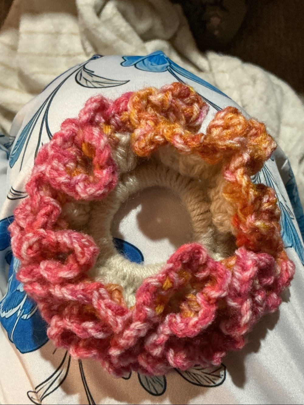 Hand Crafted Pink and Orange Ruffle Crochet Hair Scrunchie